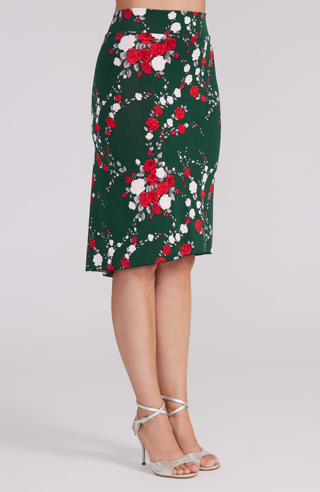 argentine tango skirt in red rose print on green