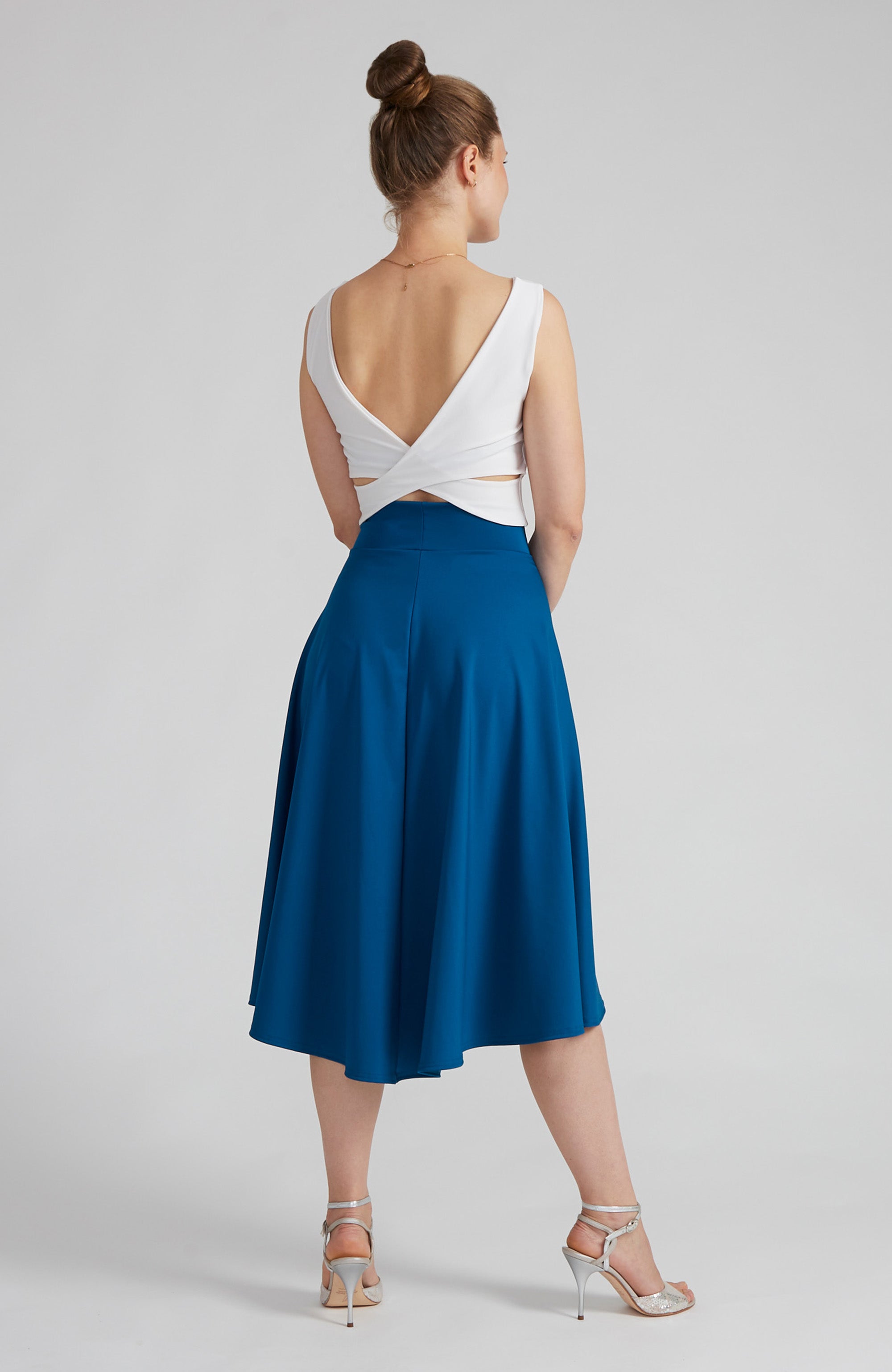 Jupe tango trapèze bleu pétrole AUDREY avec ourlet fluide asymétrique